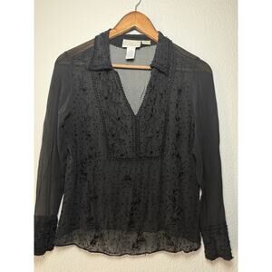 Black Beaded Sheer Blouse Size 10 Embroidered Mesh Y2K Goth Top